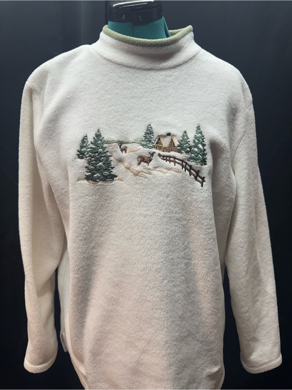 Cream Fleece Sweater with Embroidered Winter Scene